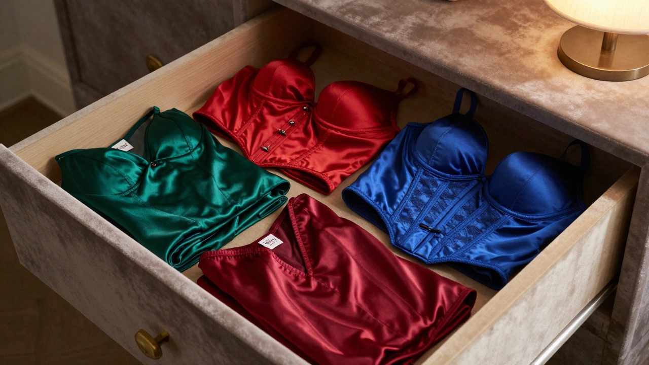 Open lingerie drawer filled with jewel-toned bras, corsets, and satin sets neatly folded.