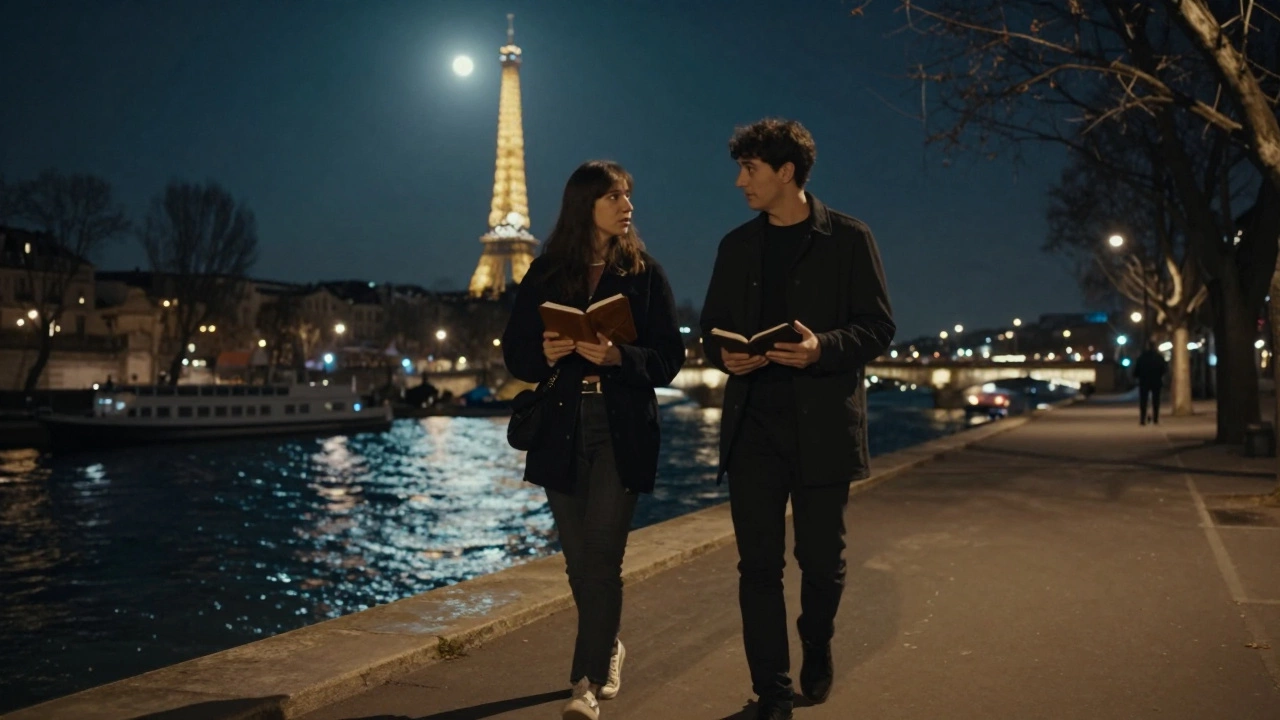 Silhouettes walking along the Seine at night under soft city lights.
